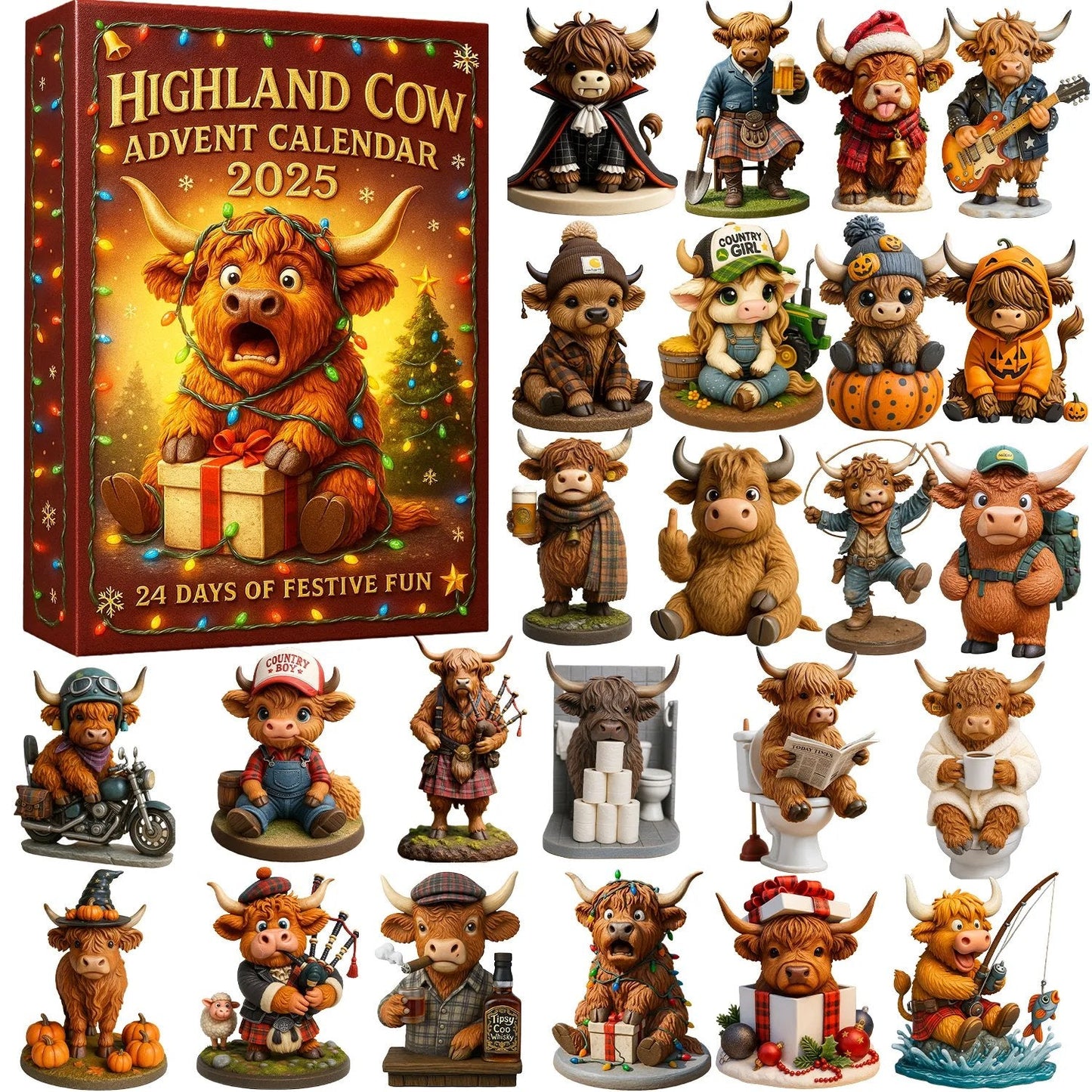 🐮Calendrier de l'Avent Vache Highland 2025🎄 - Poupée 3D Vache Highland Faite Main (24 pièces)