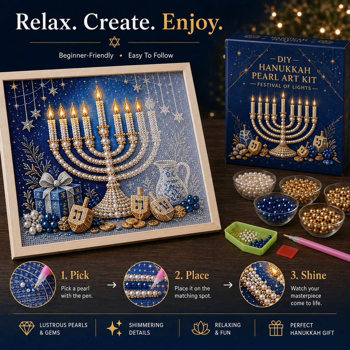🕎✨ Kit DIY d'art perlé pour Hanoukka — créez ensemble une œuvre lumineuse pour les Huit Nuits de lumière