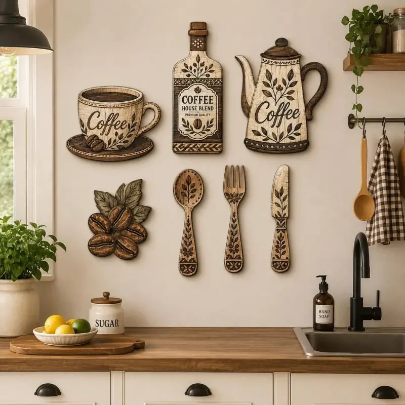 ☕Décoration Murale 7 Pièces en Bois Style Coin Café✨