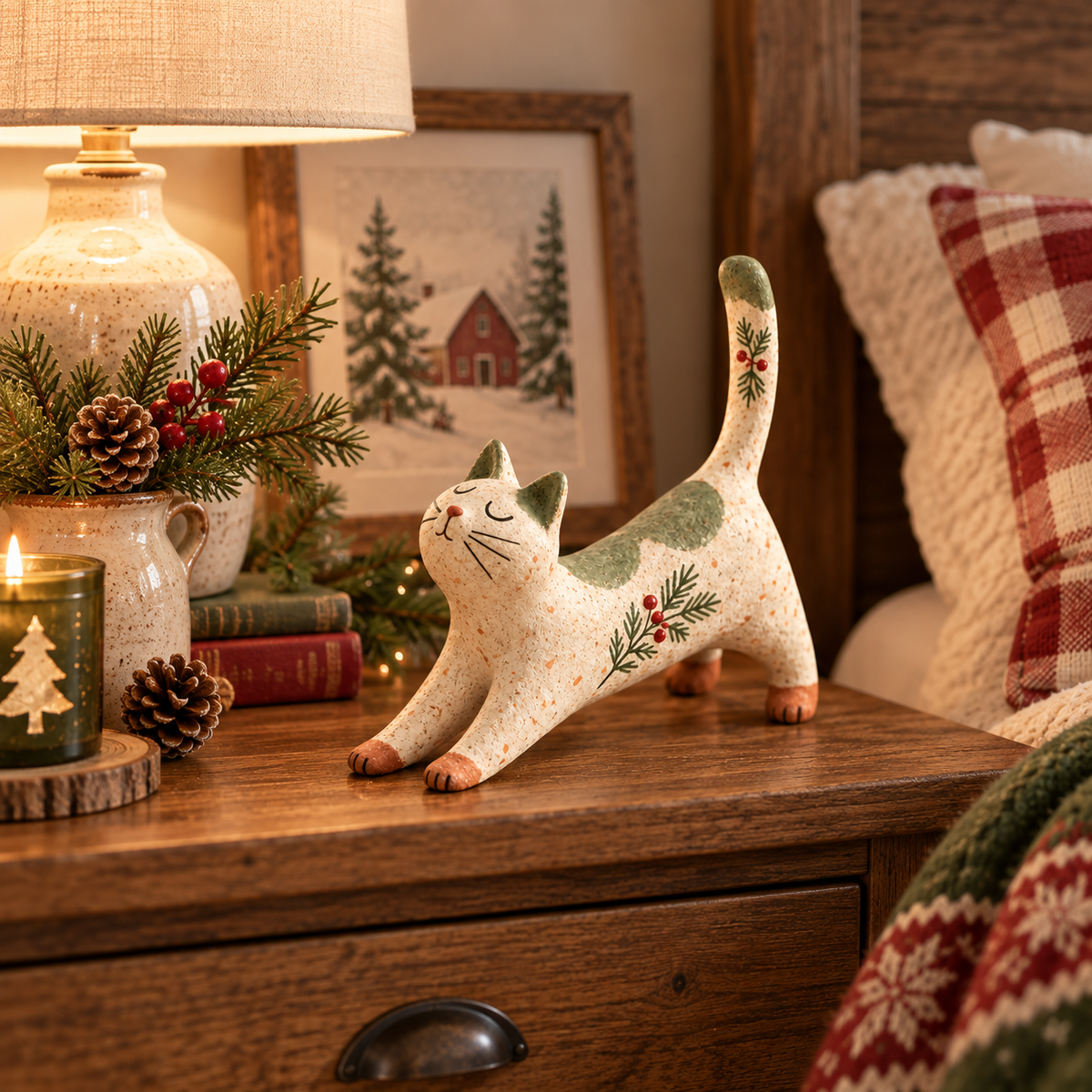 🐈🎄 Figurine de chat de Noël woodland--une touche chaleureuse et rustique pour votre maison de fête