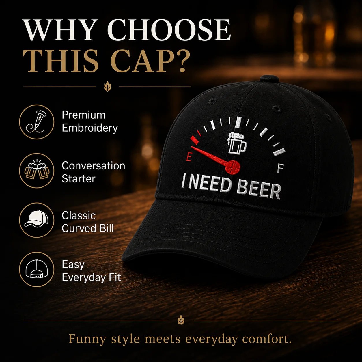 🧢 Casquette de Baseball Brodé "I NEED BEER" — Jauge à Bière Rigolote en Relief