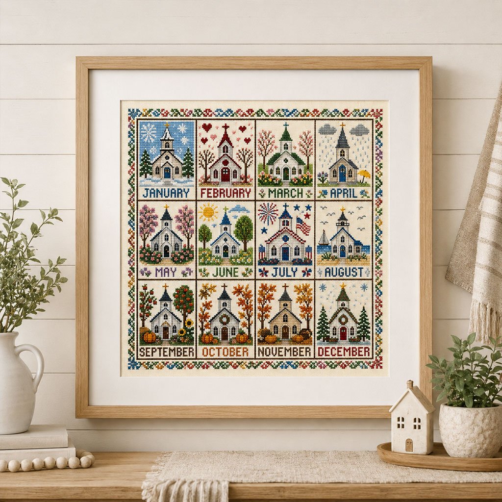 🌾🧵 Kit de point de croix Saisons et Fêtes (12 mois) — tissu pré-imprimé, pour broder sans compter
