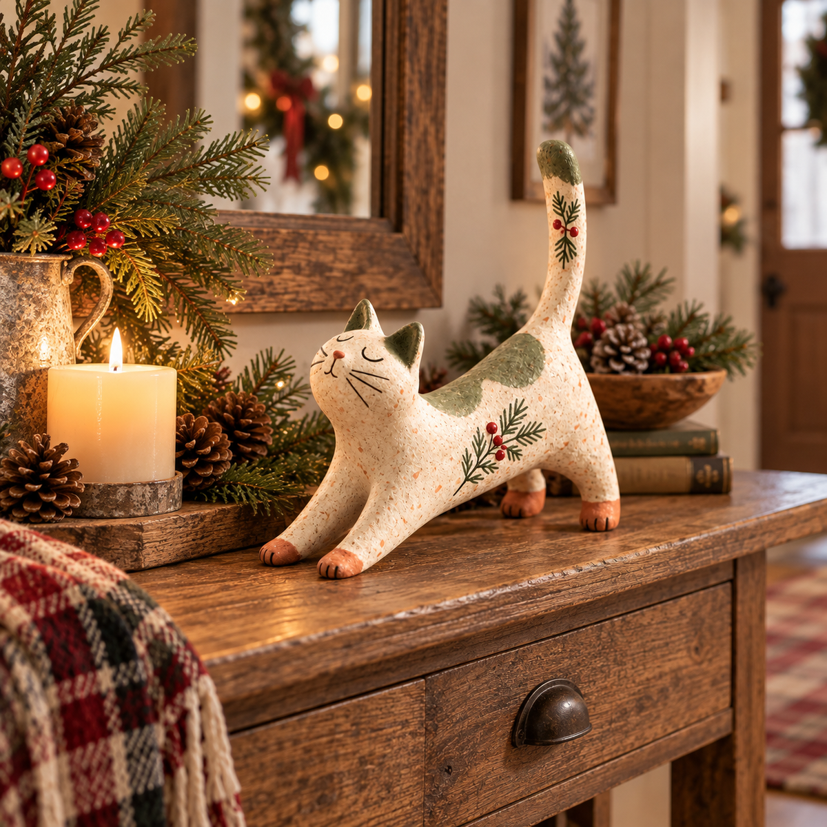 🐈🎄 Figurine de chat de Noël woodland--une touche chaleureuse et rustique pour votre maison de fête