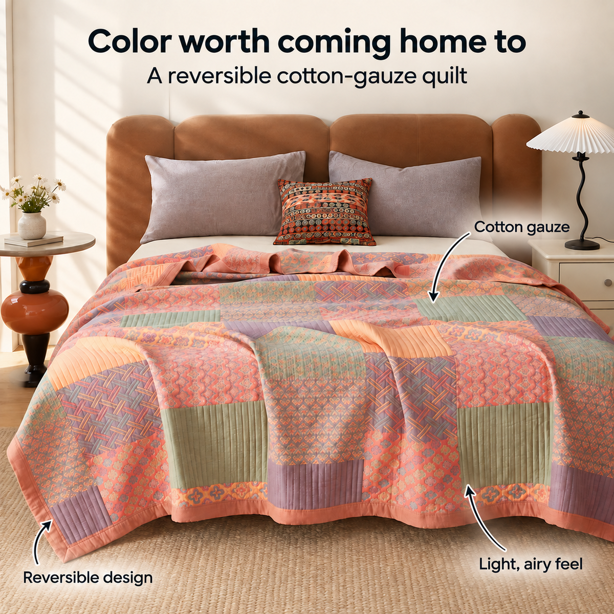 🌈 Courtepointe Réversible en Coton Mousseline à Carreaux Colorés – Deux ambiances en une, une touche de couleur pour la maison
