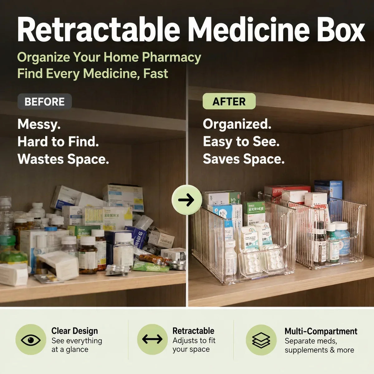 💊🗄️ Organisateur de médicaments transparent et extensible — extensible, idéal pour une armoire à pharmacie bien rangée