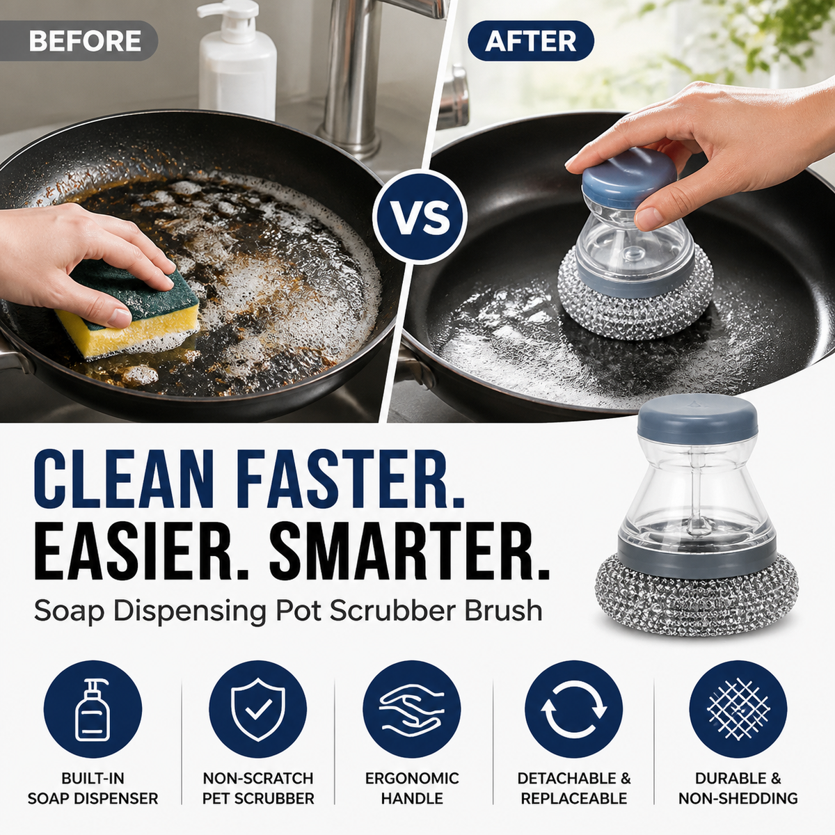 🧼Brosse à récurer avec distributeur de liquide vaisselle et tête amovible en PET