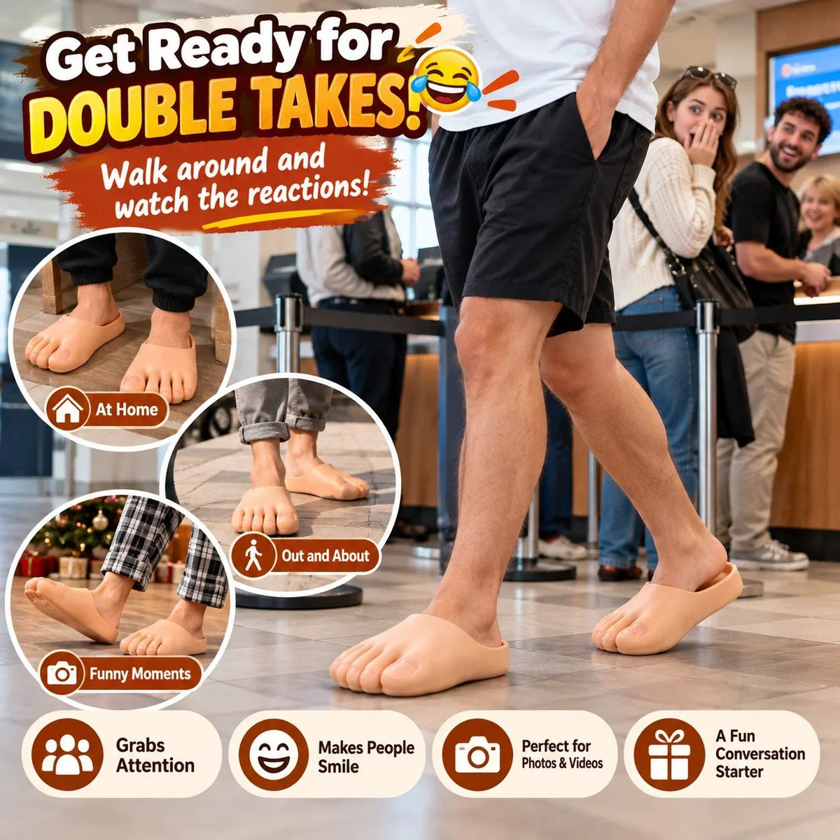 😂 Pantoufles réalistes en forme de pieds nus – Chaussons rigolos avec d’énormes orteils, cadeau hilarant pour faire une blague 👣