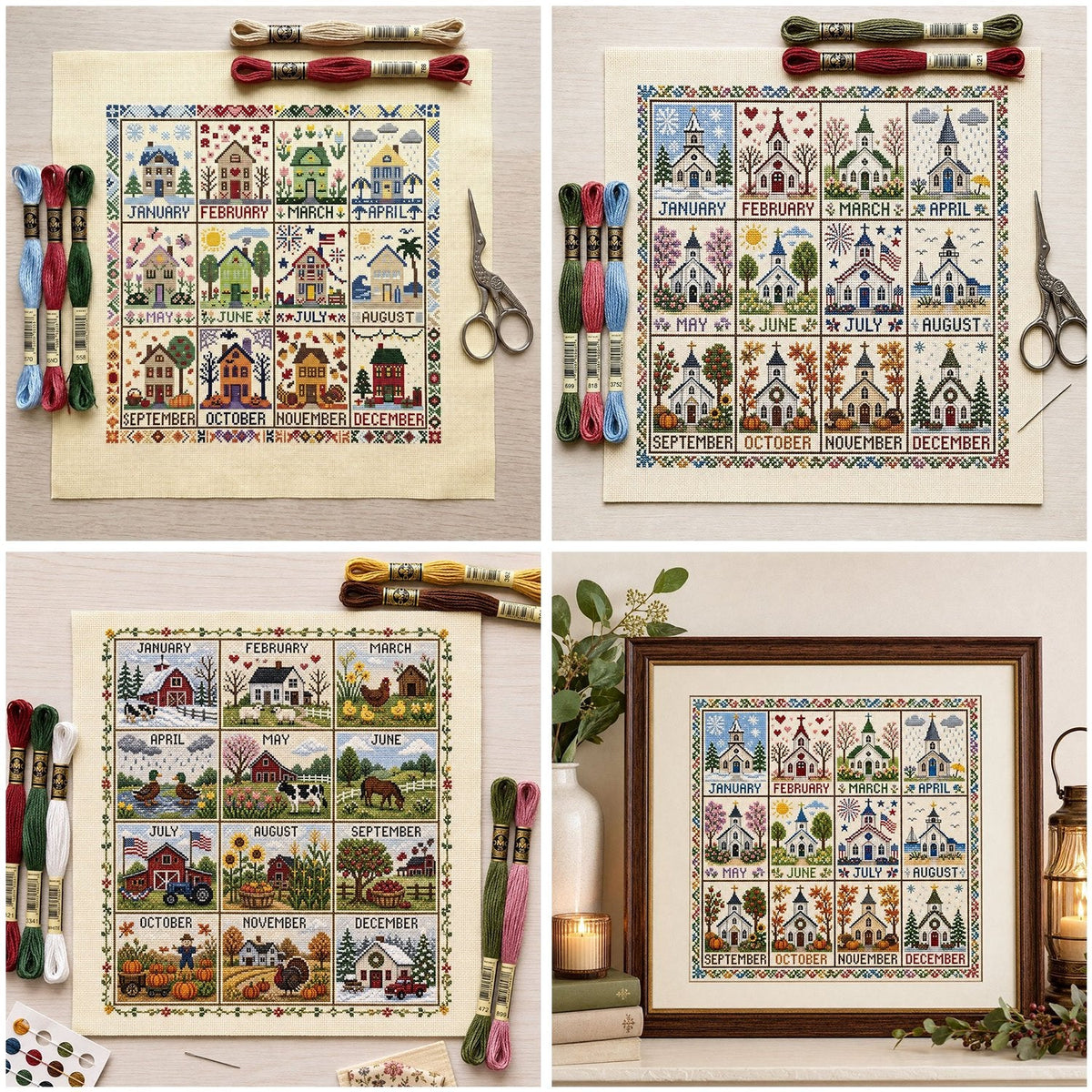 🌾🧵 Kit de point de croix Saisons et Fêtes (12 mois) — tissu pré-imprimé, pour broder sans compter