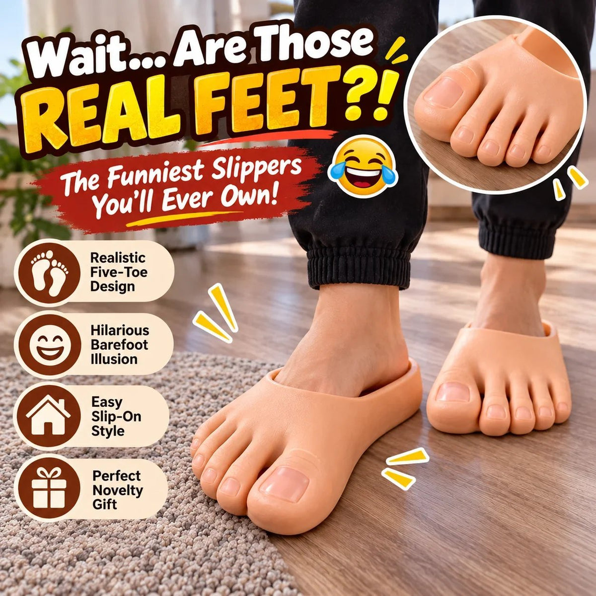 😂 Pantoufles réalistes en forme de pieds nus – Chaussons rigolos avec d’énormes orteils, cadeau hilarant pour faire une blague 👣