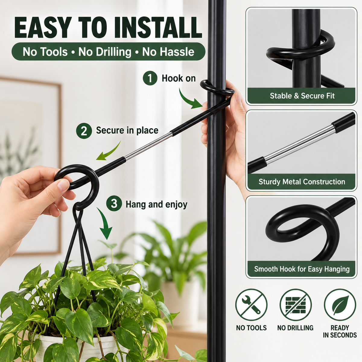 🪴🔧 Crochet de suspension pour poteau de plante sans perçage--plus de plantes, sans percer