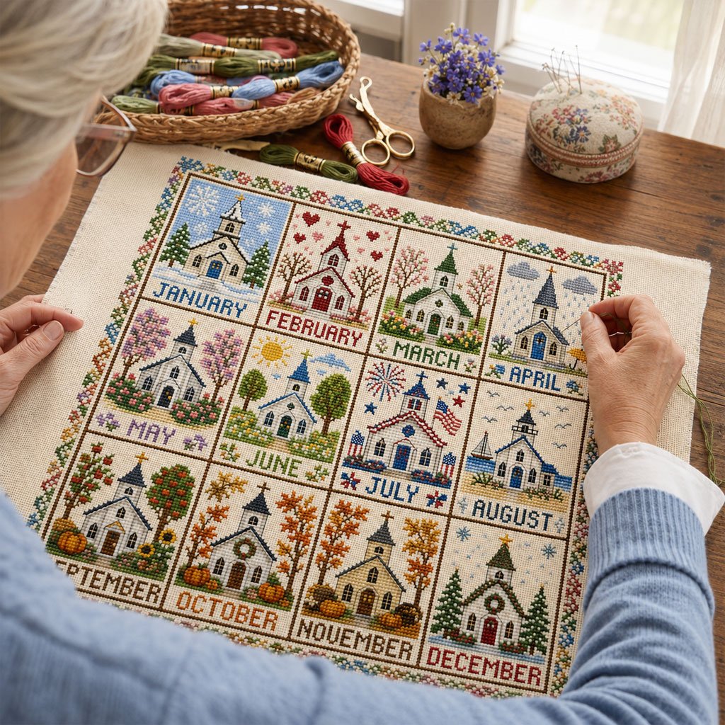🌾🧵 Kit de point de croix Saisons et Fêtes (12 mois) — tissu pré-imprimé, pour broder sans compter