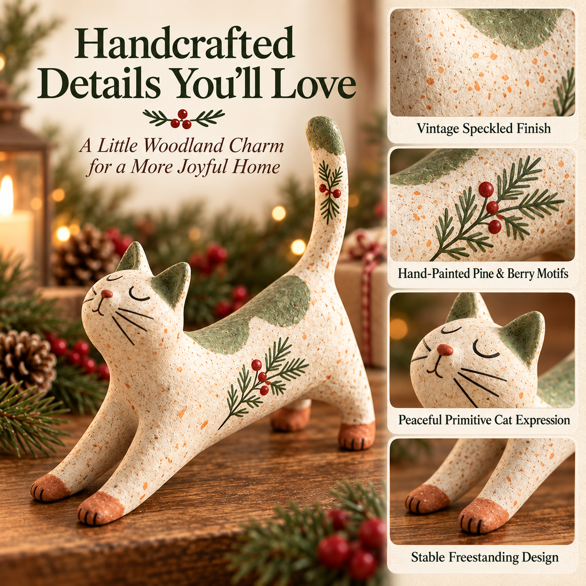 🐈🎄 Figurine de chat de Noël woodland--une touche chaleureuse et rustique pour votre maison de fête