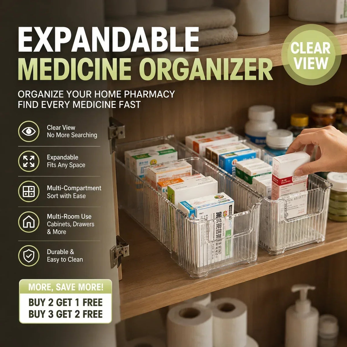 💊🗄️ Organisateur de médicaments transparent et extensible — extensible, idéal pour une armoire à pharmacie bien rangée