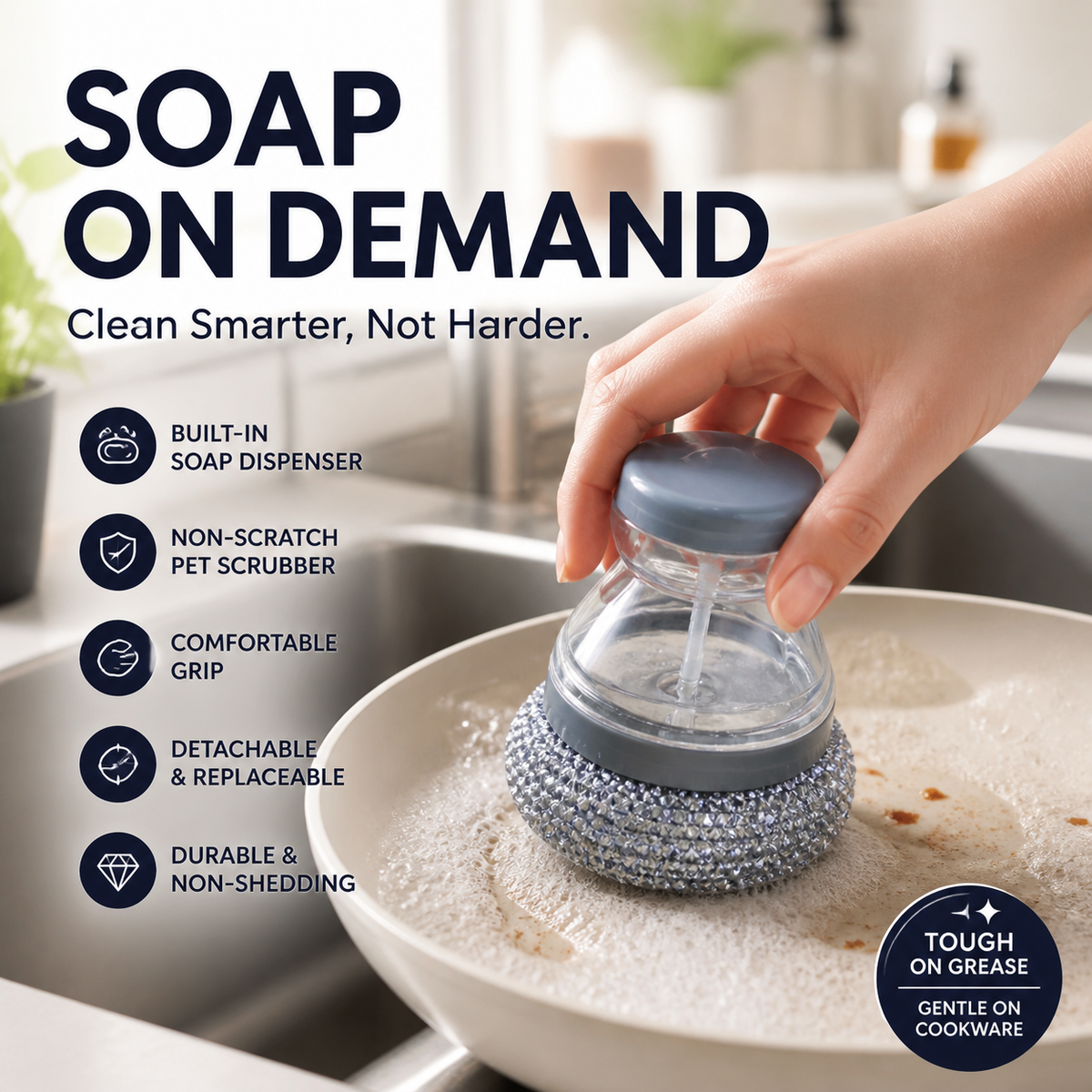 🧼Brosse à récurer avec distributeur de liquide vaisselle et tête amovible en PET