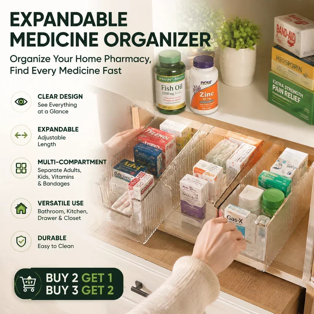 💊🗄️ Organisateur de médicaments transparent et extensible — extensible, idéal pour une armoire à pharmacie bien rangée