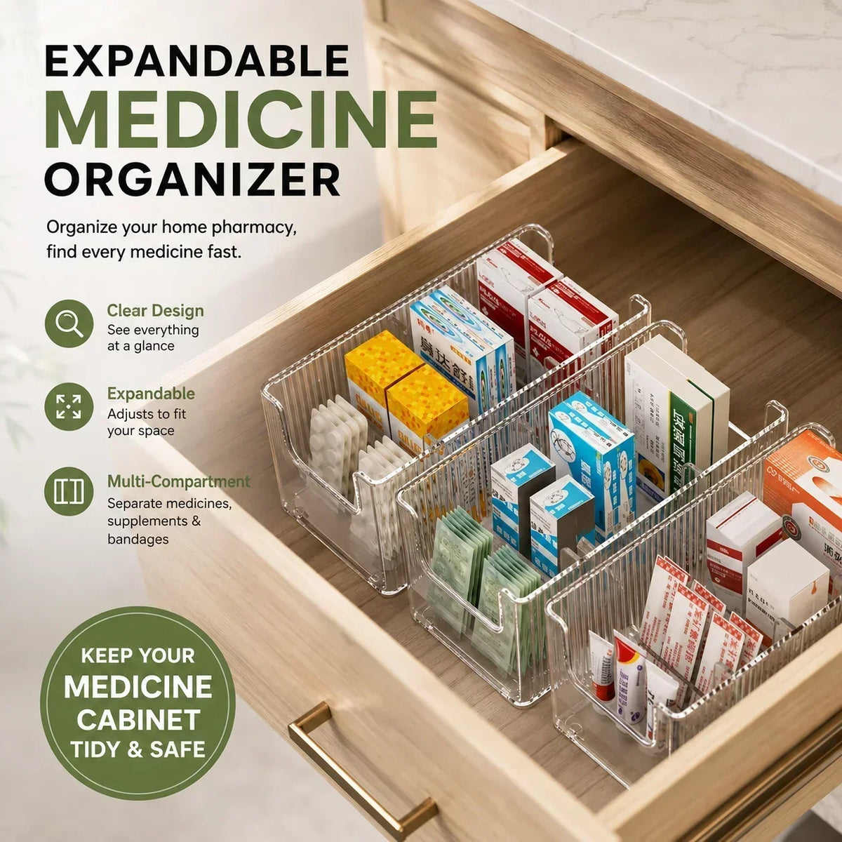 💊🗄️ Organisateur de médicaments transparent et extensible — extensible, idéal pour une armoire à pharmacie bien rangée