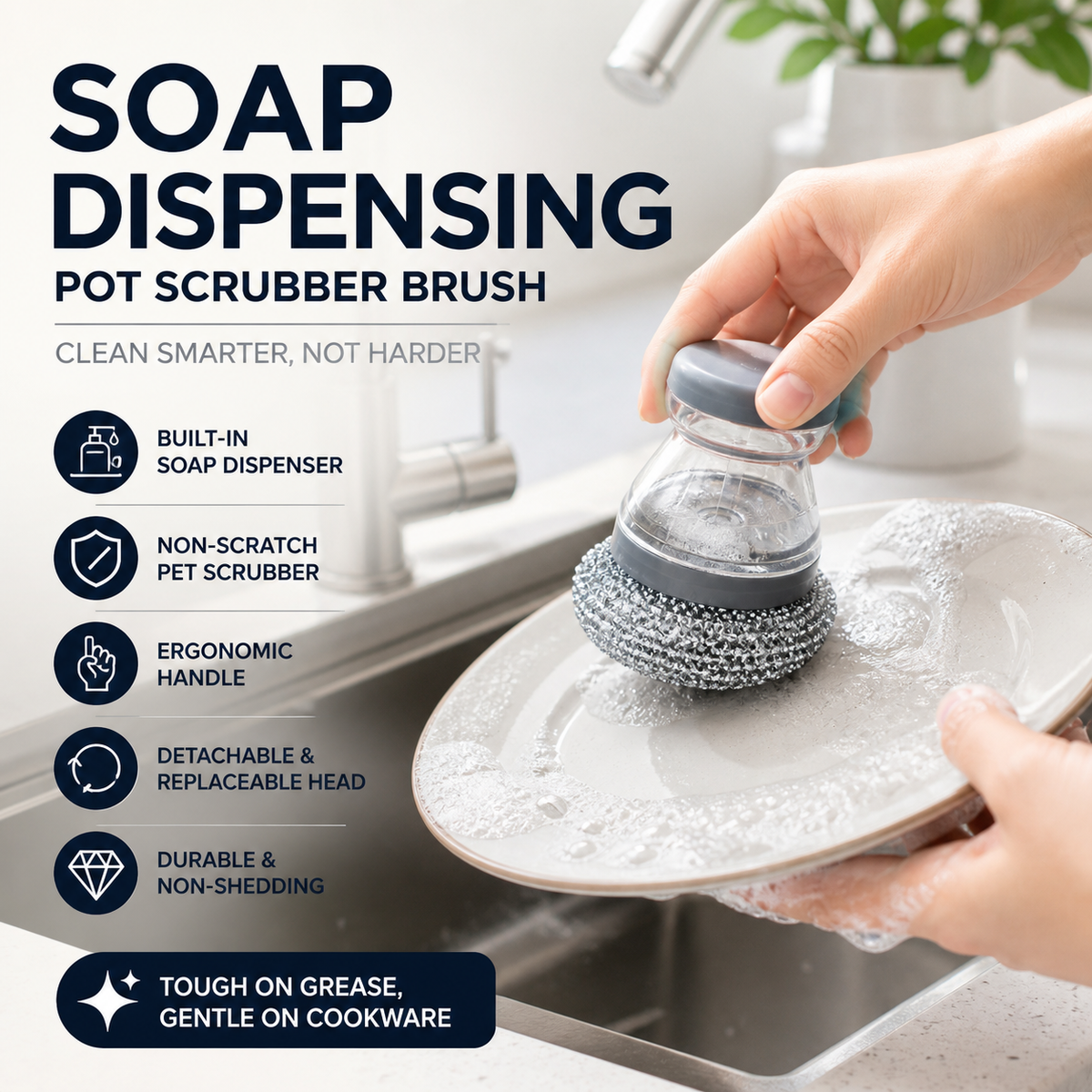 🧼Brosse à récurer avec distributeur de liquide vaisselle et tête amovible en PET