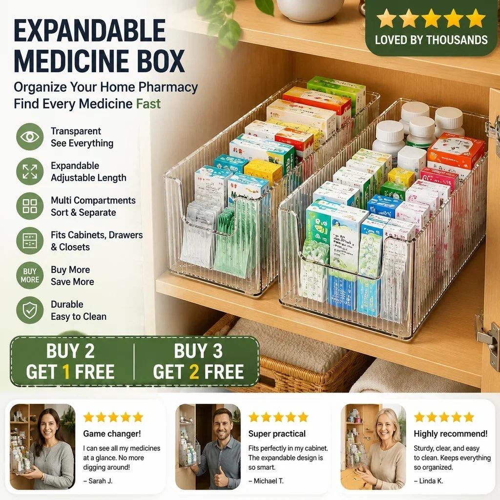 💊🗄️ Organisateur de médicaments transparent et extensible — extensible, idéal pour une armoire à pharmacie bien rangée