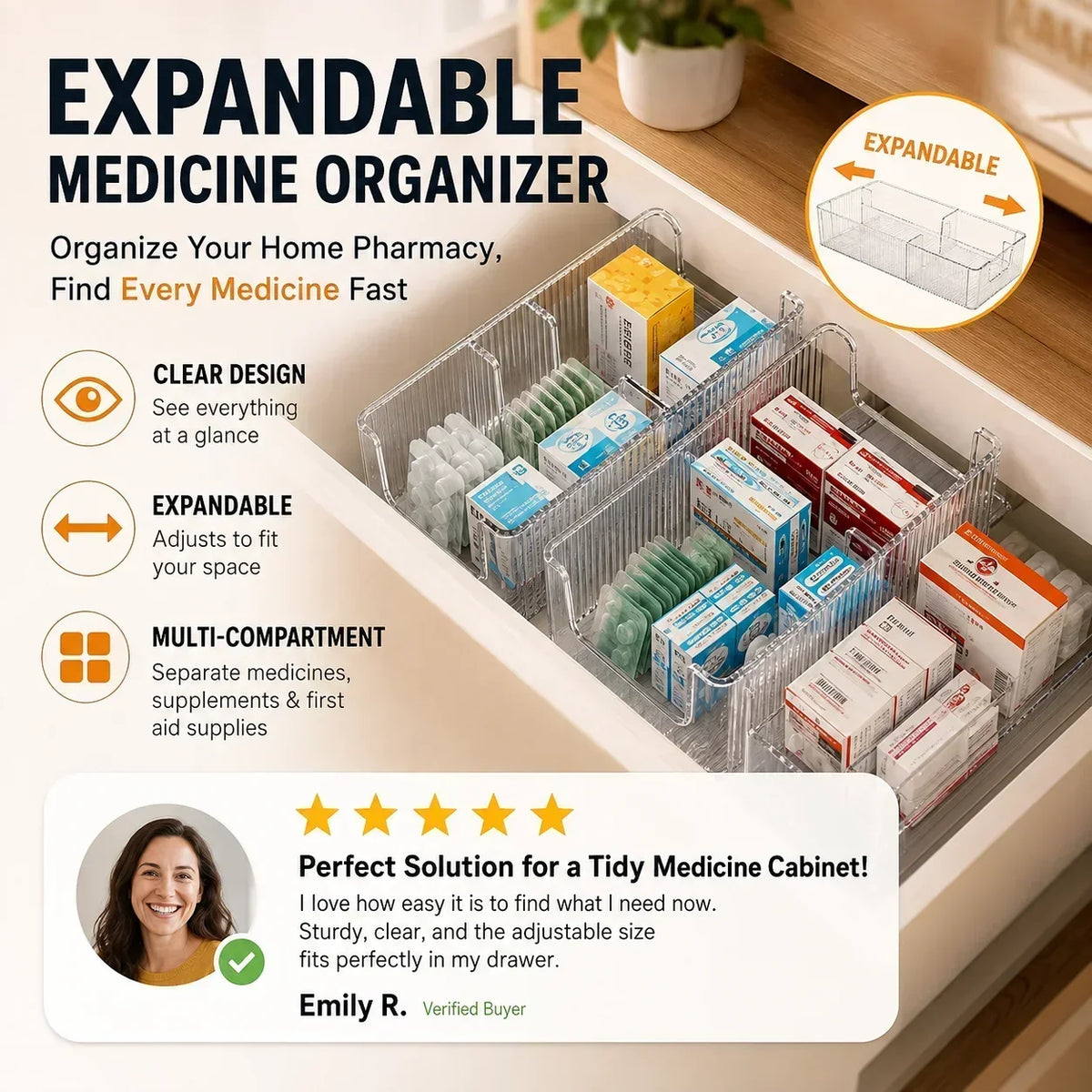 💊🗄️ Organisateur de médicaments transparent et extensible — extensible, idéal pour une armoire à pharmacie bien rangée