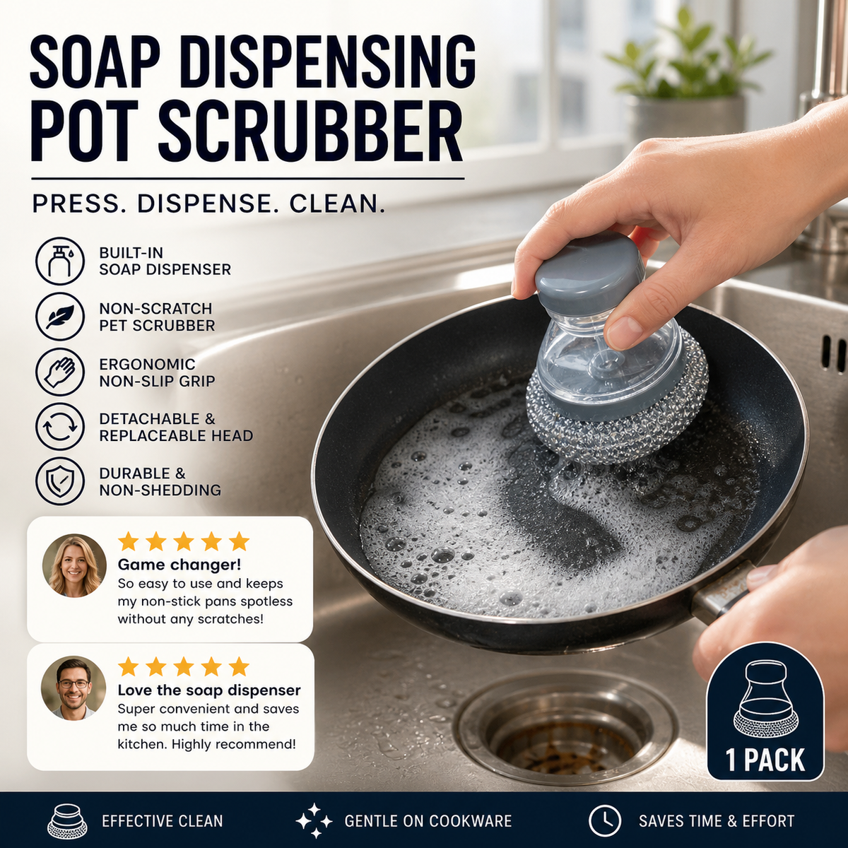 🧼Brosse à récurer avec distributeur de liquide vaisselle et tête amovible en PET