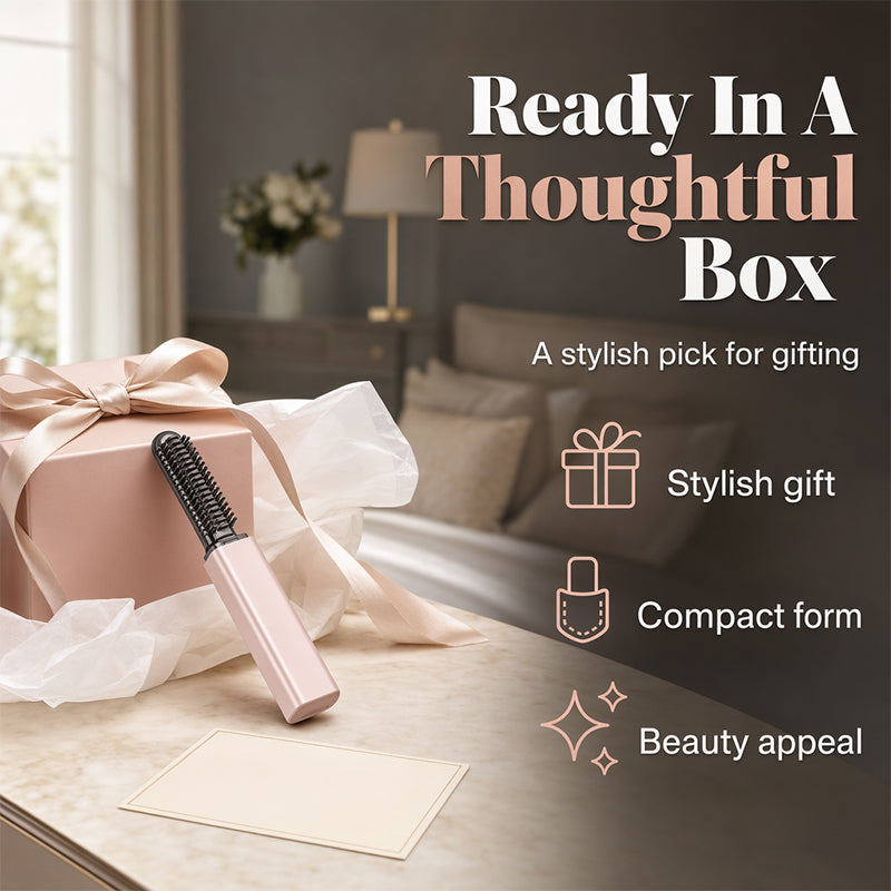 💁‍♀️✨ Mini-brosse chauffante sans fil – Votre élégant compagnon nomade pour coiffer votre frange en quelques secondes