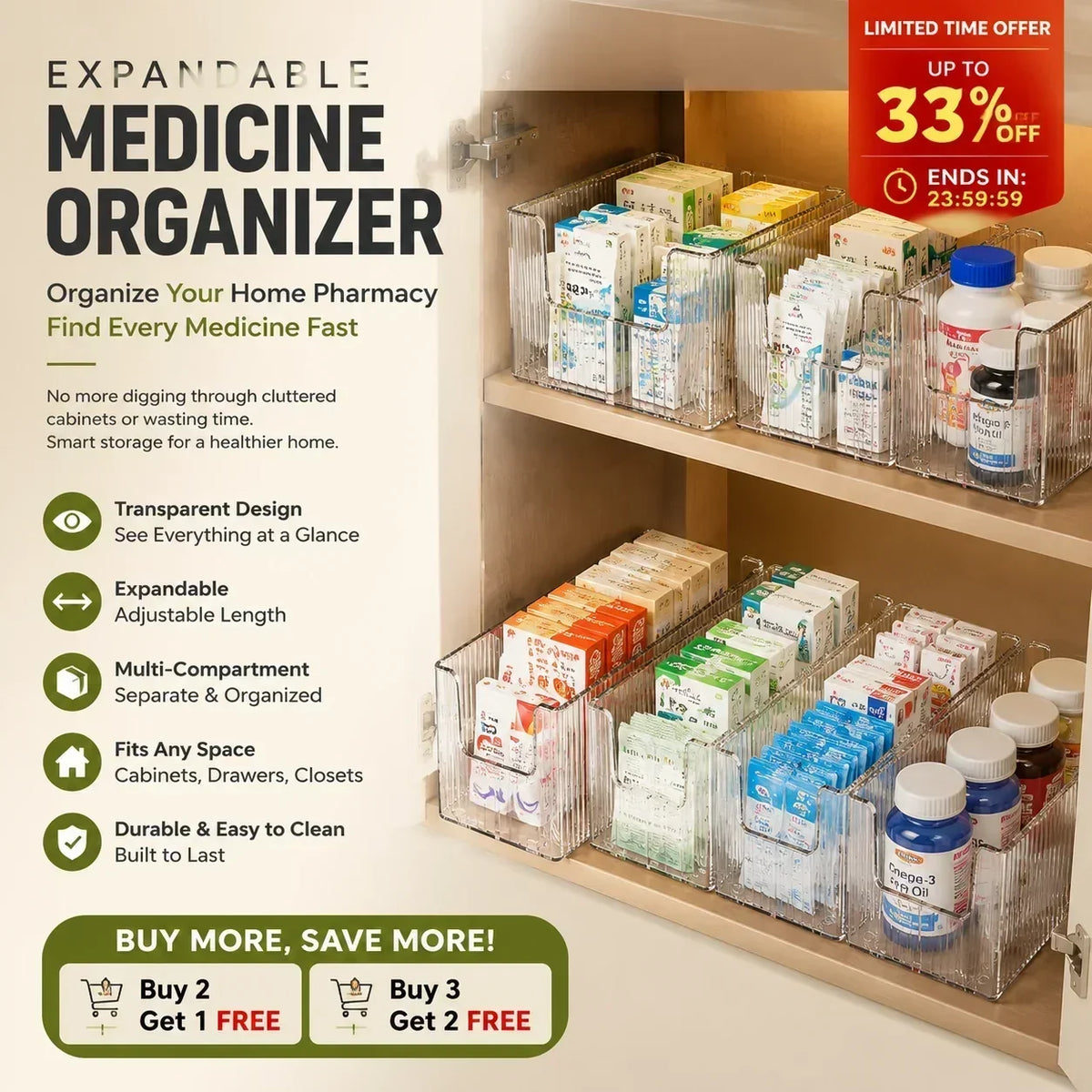 💊🗄️ Organisateur de médicaments transparent et extensible — extensible, idéal pour une armoire à pharmacie bien rangée