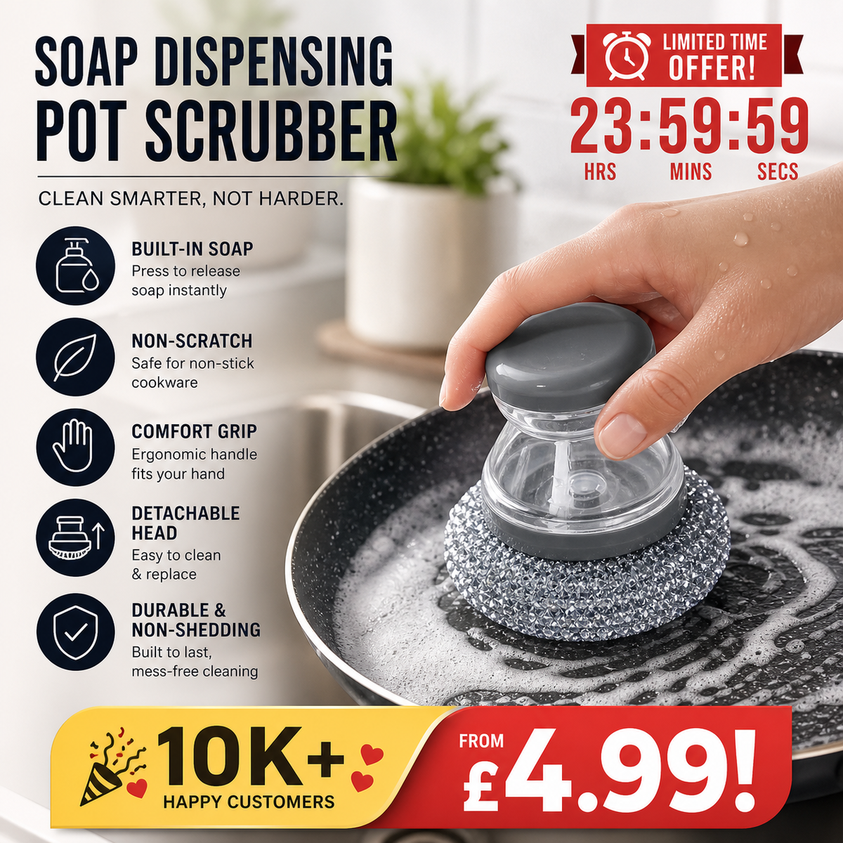 🧼Brosse à récurer avec distributeur de liquide vaisselle et tête amovible en PET